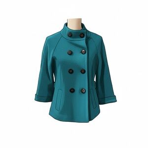Chico's Peacock Teal Blue 100% Boiled Wool Swing Coat Jacket Mock Neck 0 XS
